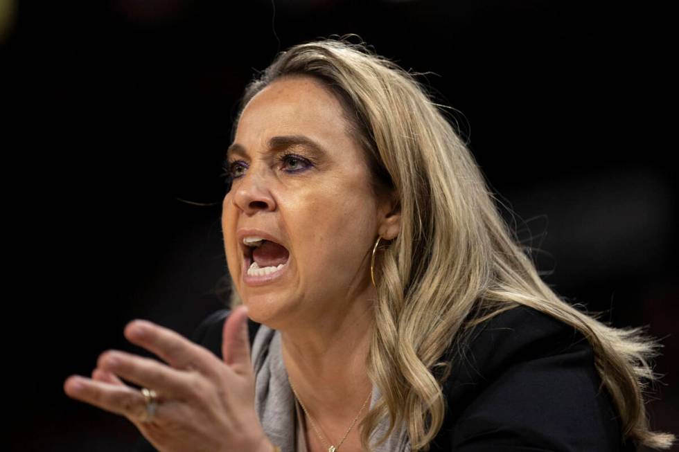 The Las Vegas Aces head coach Becky Hammon yells from the sideline during the last regular seas ...