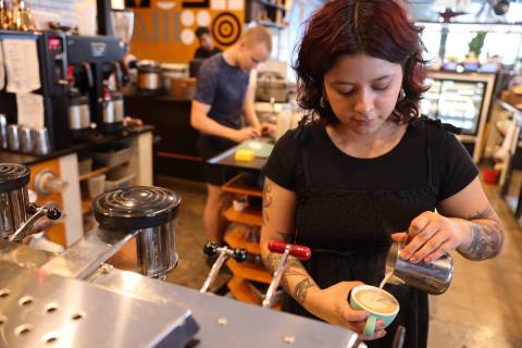 Jenny Alyn of Las Vegas makes a coffee drink at PublicUs coffeebar in downtown Las Vegas Monday ...