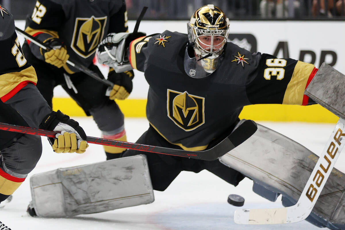 This March 26, 2022, file photo shows Golden Knights goaltender Logan Thompson (36) during an N ...
