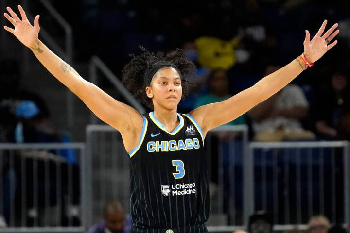 Chicago Sky's Candace Parker sets up on defense during the WNBA Commissioner's Cup basketball g ...