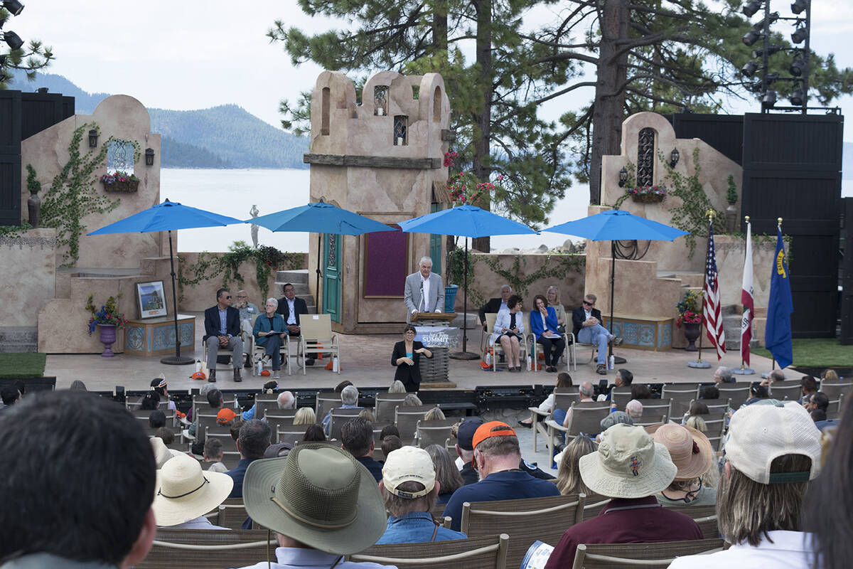 Gov. Steve Sisolak speaks at the 26th Annual Lake Tahoe Summit at Sand Harbor Nevada State Park ...