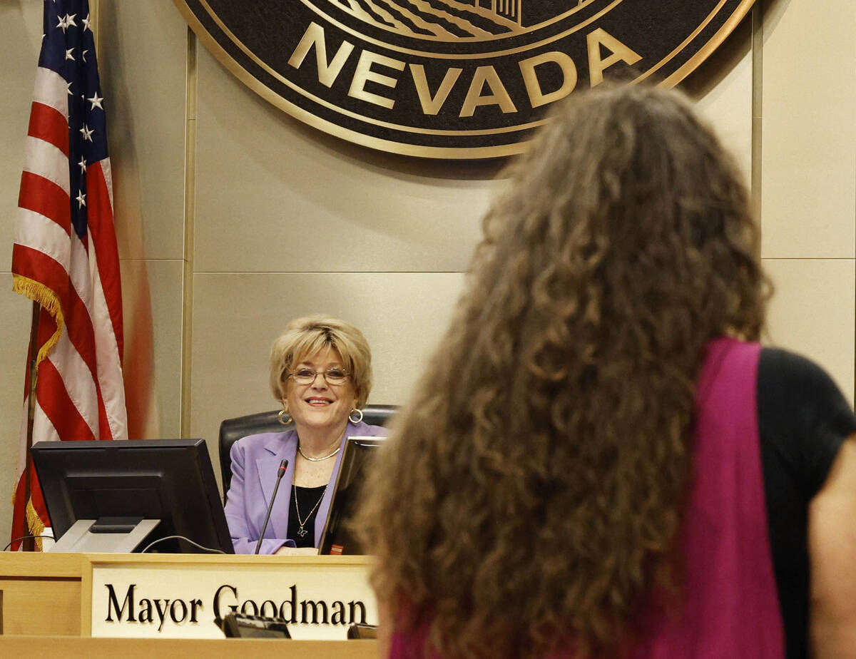 Las Vegas Mayor Carolyn Goodman listens to a speaker, Wednesday, Aug. 17, 2022, during a City C ...
