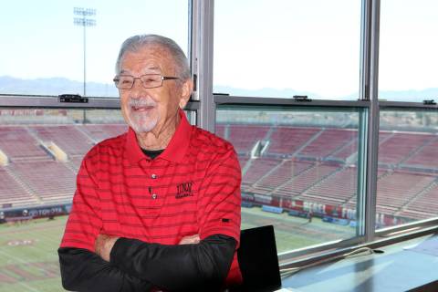 The "Voice of the Rebels", Dick Calvert, smiles during an interview at Sam Boyd Stadi ...