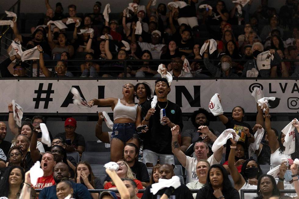 Las Vegas Aces fans go wild as Phoenix Mercury guard Sophie Cunningham (9) misses two free thro ...