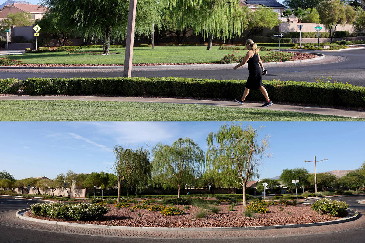 Grass-covered roundabouts and landscapes in Summerlin, above, are being transformed into desert ...