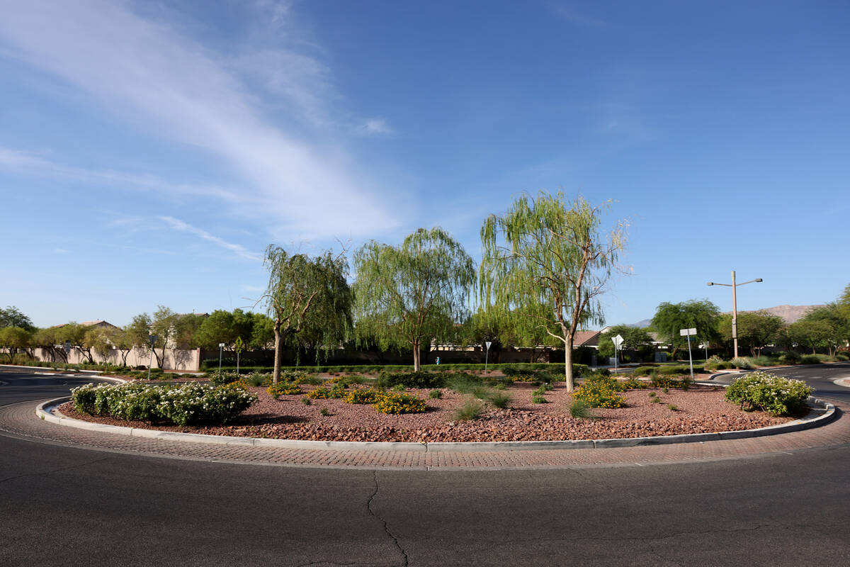 Desert landscaping in a roundabout at Desert Marigold and Havenwood lanes in Summerlin in Las V ...
