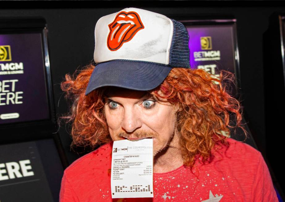 Carrot Top holds his wager for the Raiders to win the Super Bowl after placing it at the BetMGM ...