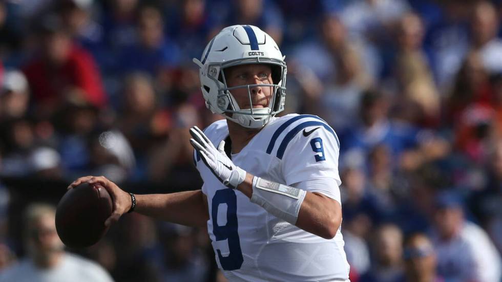 Indianapolis Colts quarterback Nick Foles (9) during the first half of a preseason NFL football ...