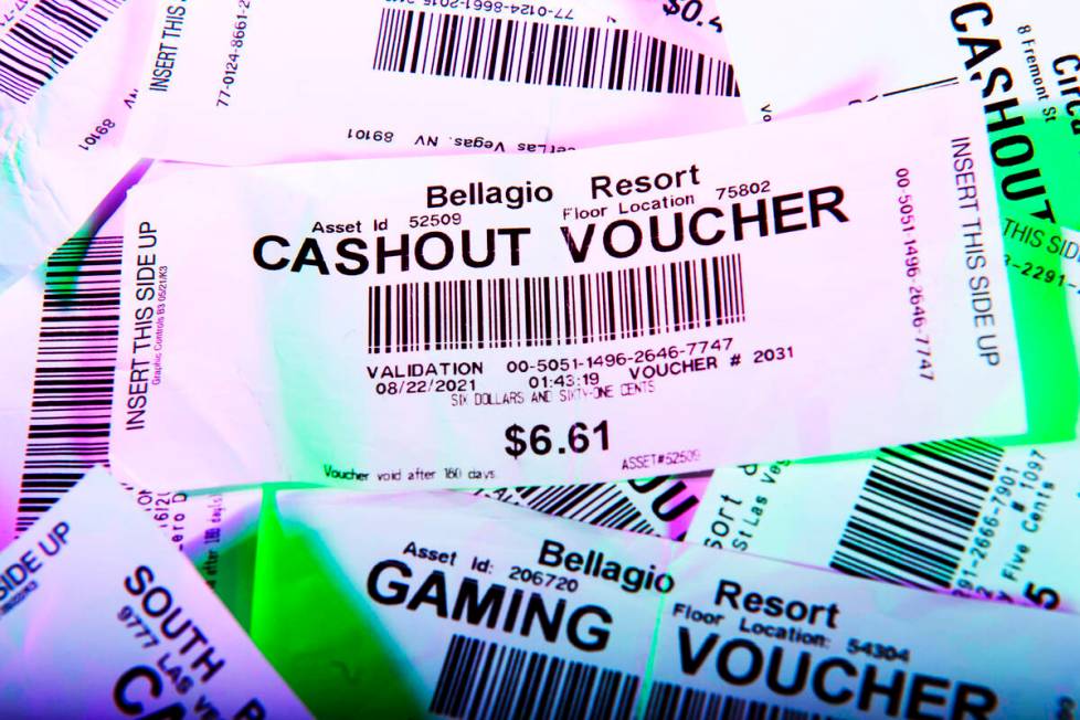 Unredeemed cashout vouchers from Las Vegas casinos on Wednesday, Aug. 17, 2022, in Las Vegas. T ...