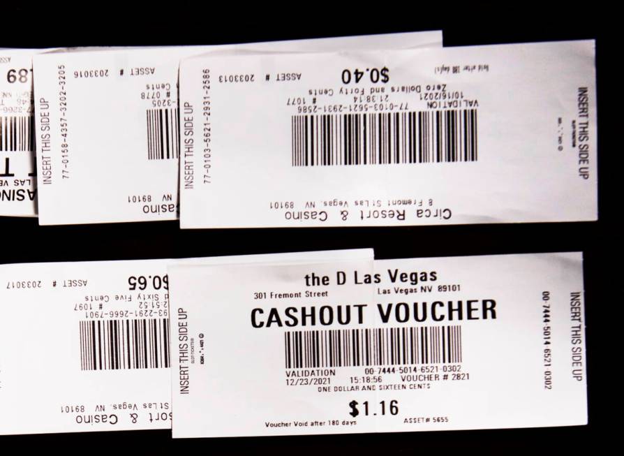 Unredeemed cashout vouchers from Las Vegas casinos on Wednesday, Aug. 17, 2022, in Las Vegas. T ...