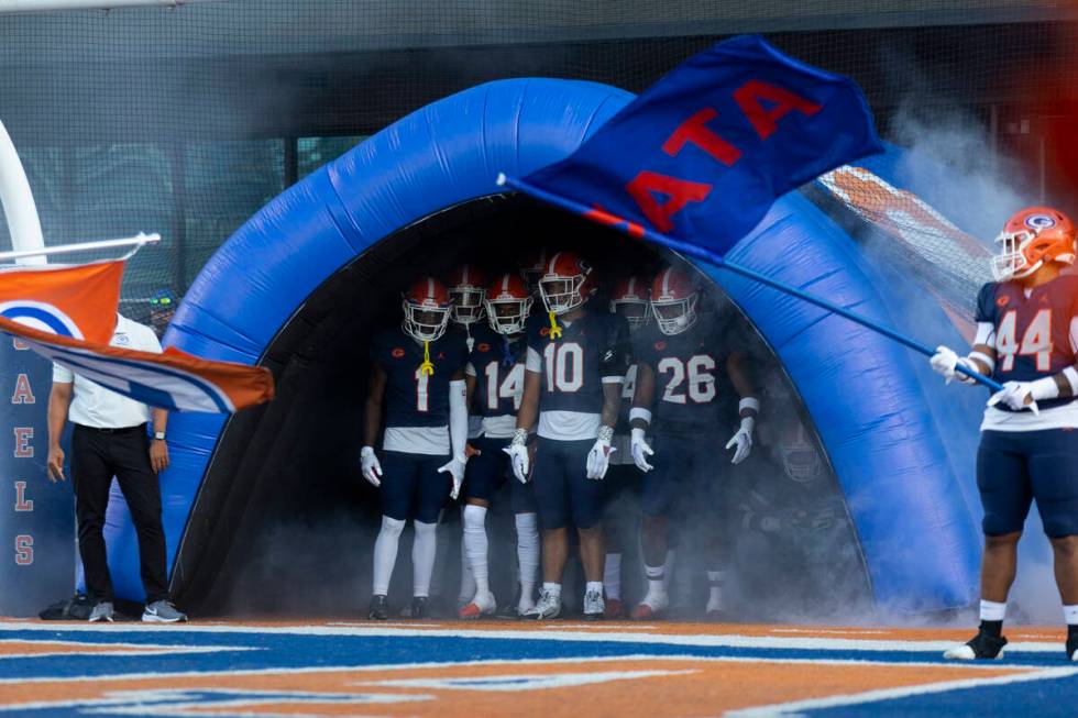 during the first half of a football game at Bishop Gorman High School in Las Vegas, Friday, Aug ...