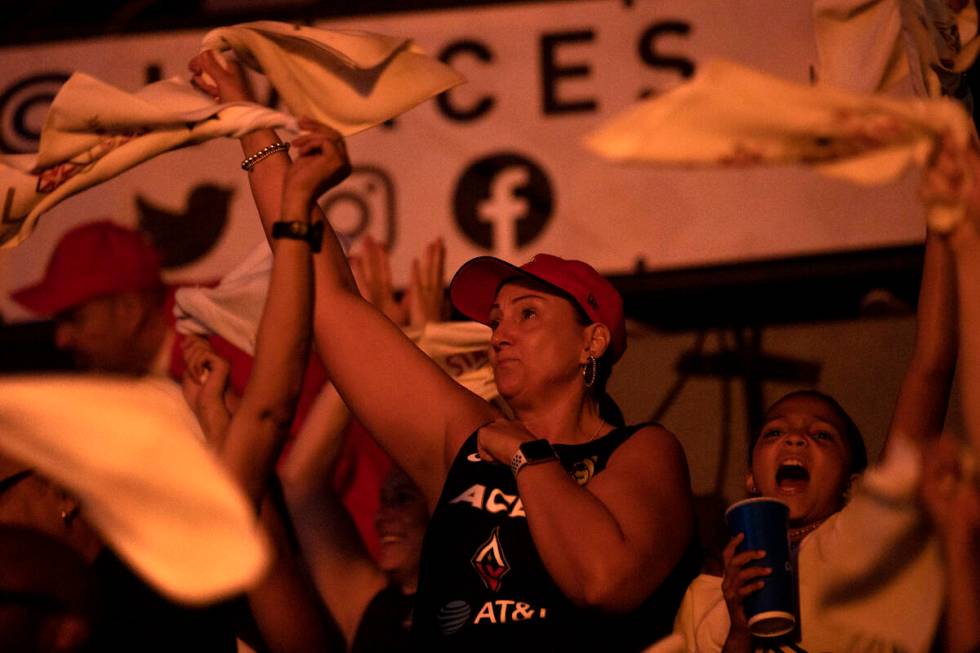 Las Vegas Aces fans erupt as their team takes the court for a WNBA playoff basketball game agai ...