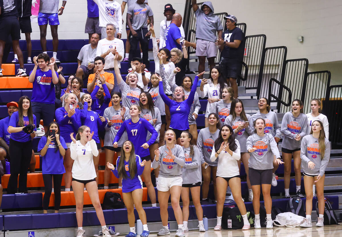 Bishop Gorman supporters cheer during a volleyball game against Centennial at Bishop Gorman Hig ...