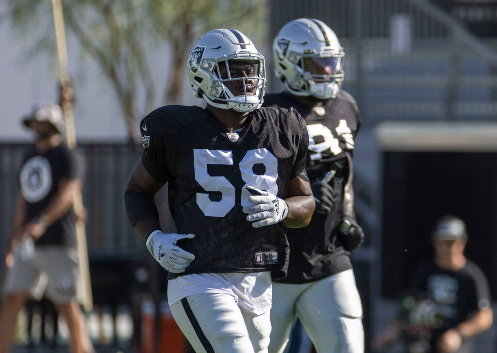 Raiders linebacker Darien Butler (58) runs during the team’s training camp practice at t ...