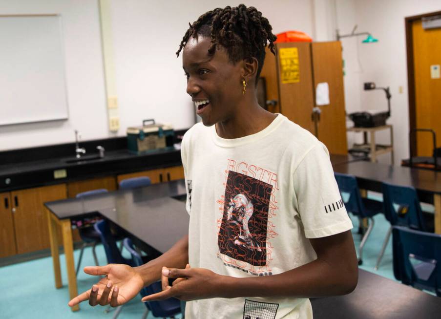 Bonanza High School student LaRon Evans, 15, talks about science teacher Pennie Edmond, Clark C ...