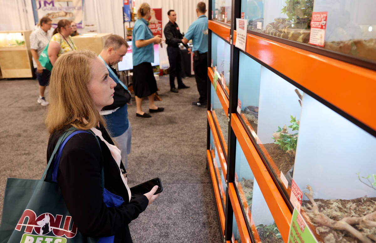 Morgan Bradbury of Livermore, Calif. checks out exotic pets during the SuperZoo pet industry tr ...