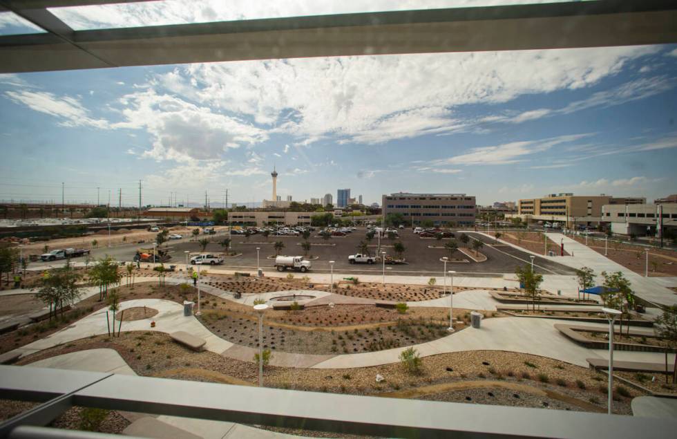 A view from the third floor as construction continues on the medical education building of the ...