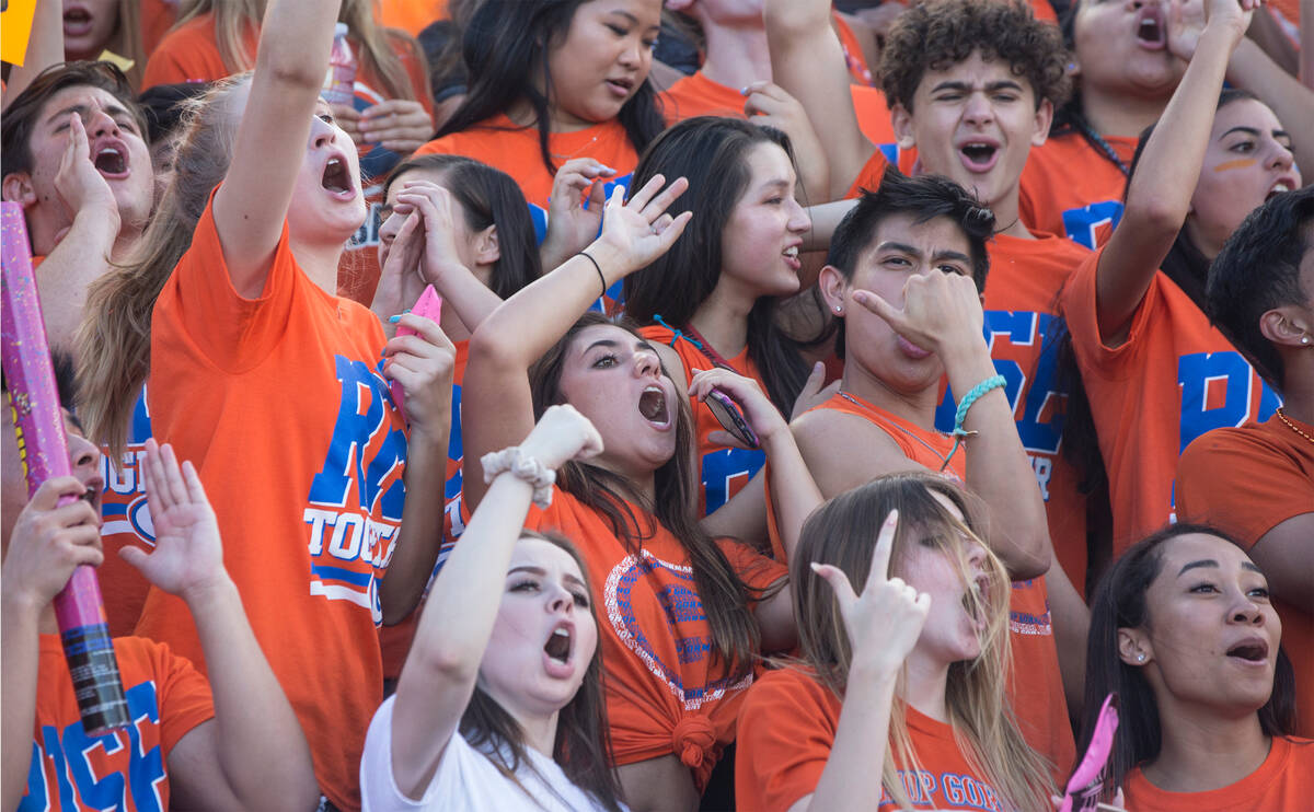 Bishop Gorman students cheer for the Gaels during their home matchup with Mater Dei on Friday, ...