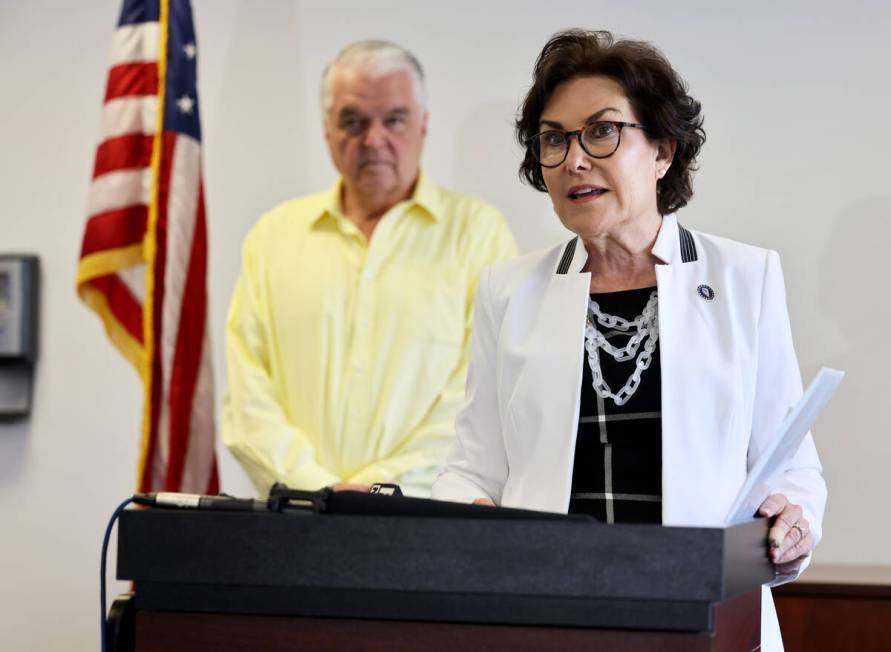 U.S. Sen. Jackie Rosen, D-Nev., speaks during a news conference with Nevada Gov. Steve Sisolak ...