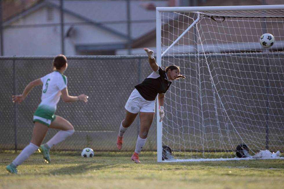Arbor View’s Jazlyn Chavez (1) saves a shot on goal by Green Valley during a girls high ...