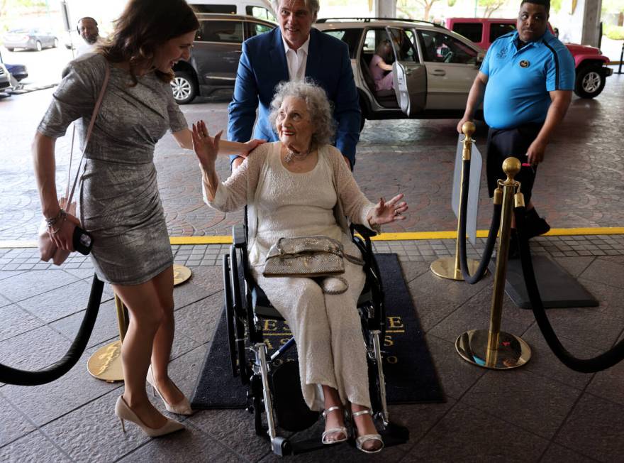 Gloria Dea, who was the first magician to perform on the Strip, is greeted by magician Jen Kram ...