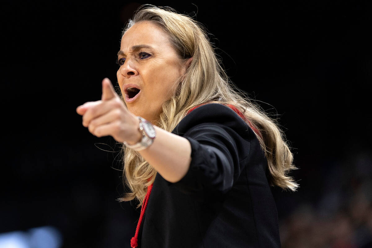 Las Vegas Aces head coach Becky Hammon shouts from the sidelines during the first half of a WNB ...