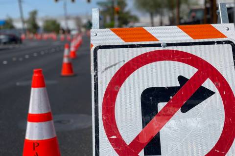 Road construction sign and cones line Polaris Avenue on Aug. 26, 2022. (Mick Akers/Las Vegas Re ...