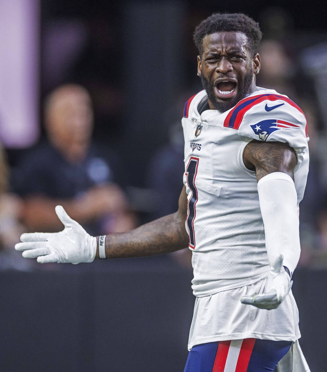 New England Patriots wide receiver DeVante Parker (1) complains about a penalty and failed touc ...