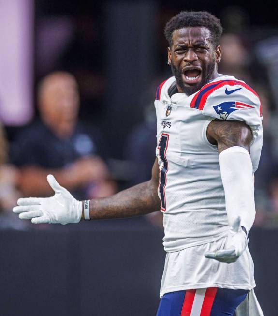 New England Patriots wide receiver DeVante Parker (1) complains about a penalty and failed touc ...