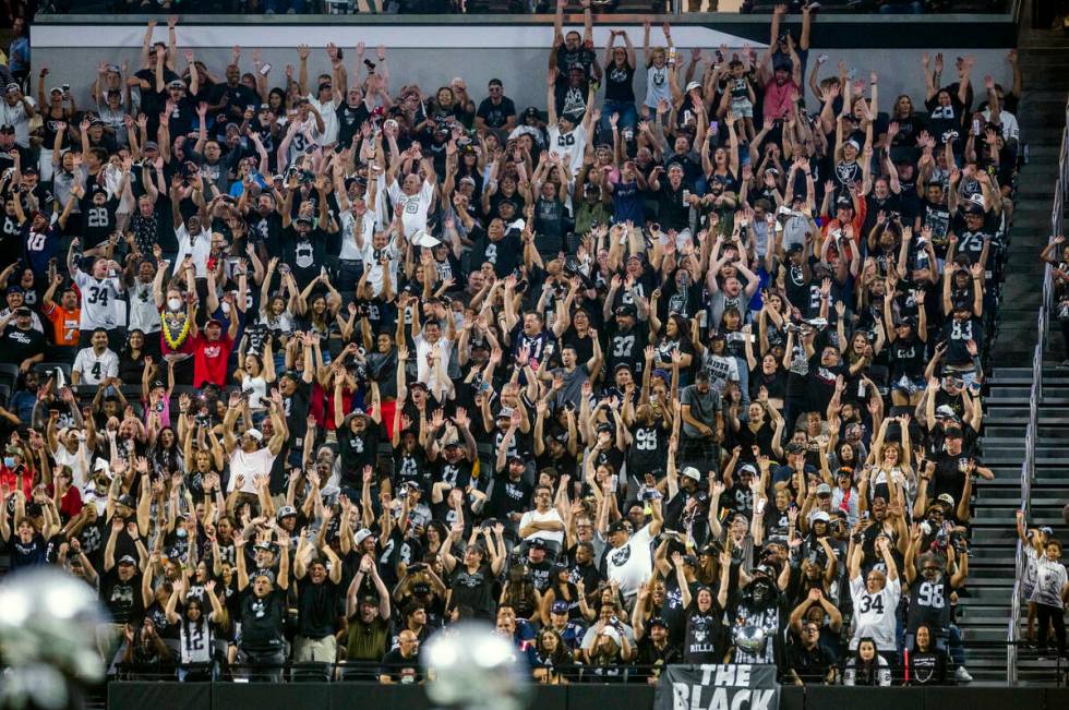 Raiders fans celebrate another score versus the New England Patriots during the second half of ...