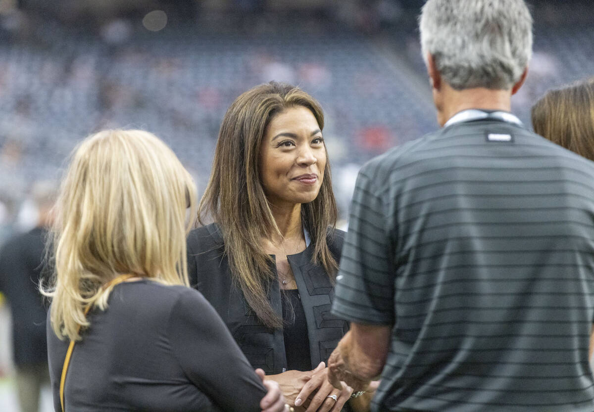 Raiders president Sandra Douglass Morgan meets with fans during before an NFL game between the ...