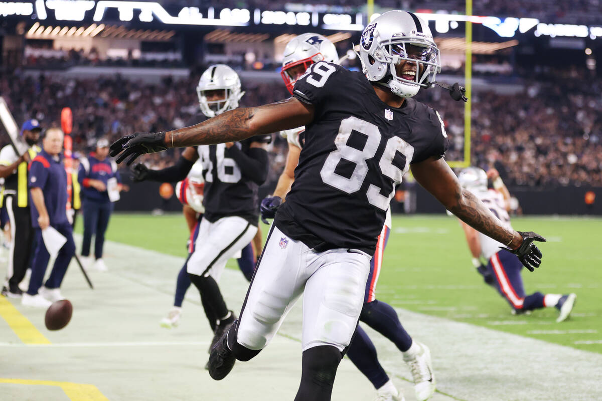 Raiders wide receiver Isaiah Zuber (89) reacts after intercepting the ball against the New Engl ...