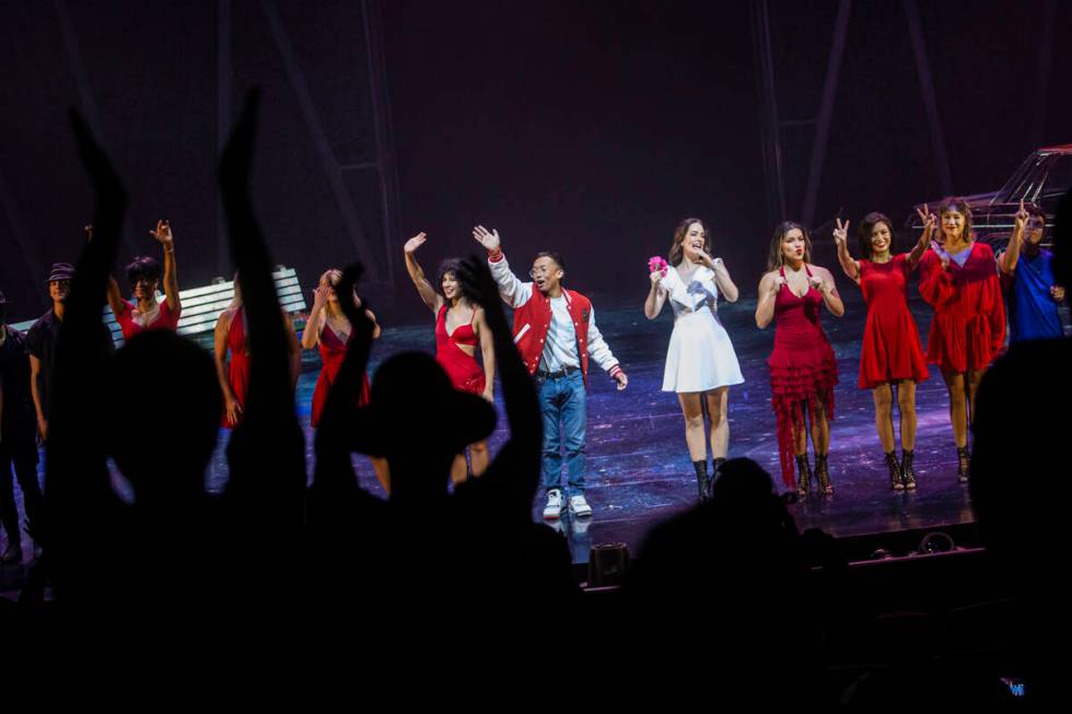 Cast members of Michael Jackson One react to a standing ovation after dancing to “The Gi ...