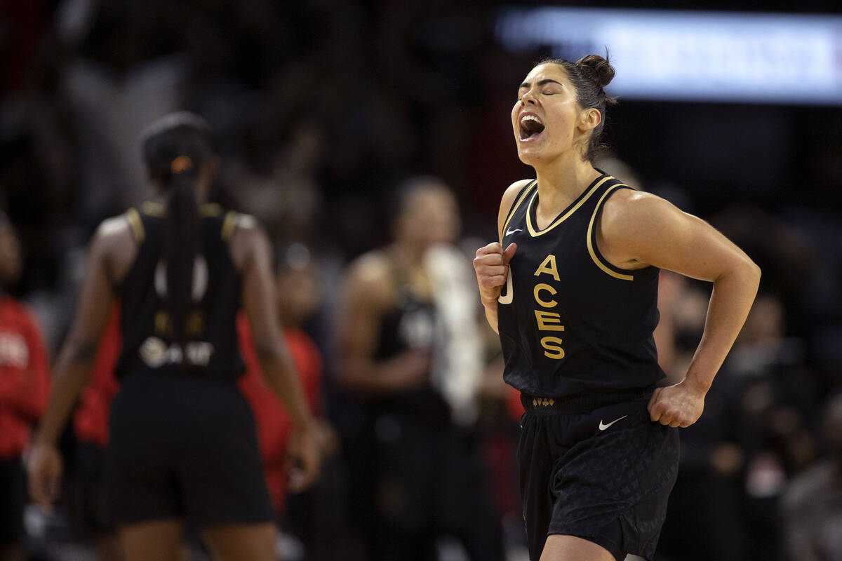 Las Vegas Aces guard Kelsey Plum (10) reacts after missing a 3-point shot during the second hal ...
