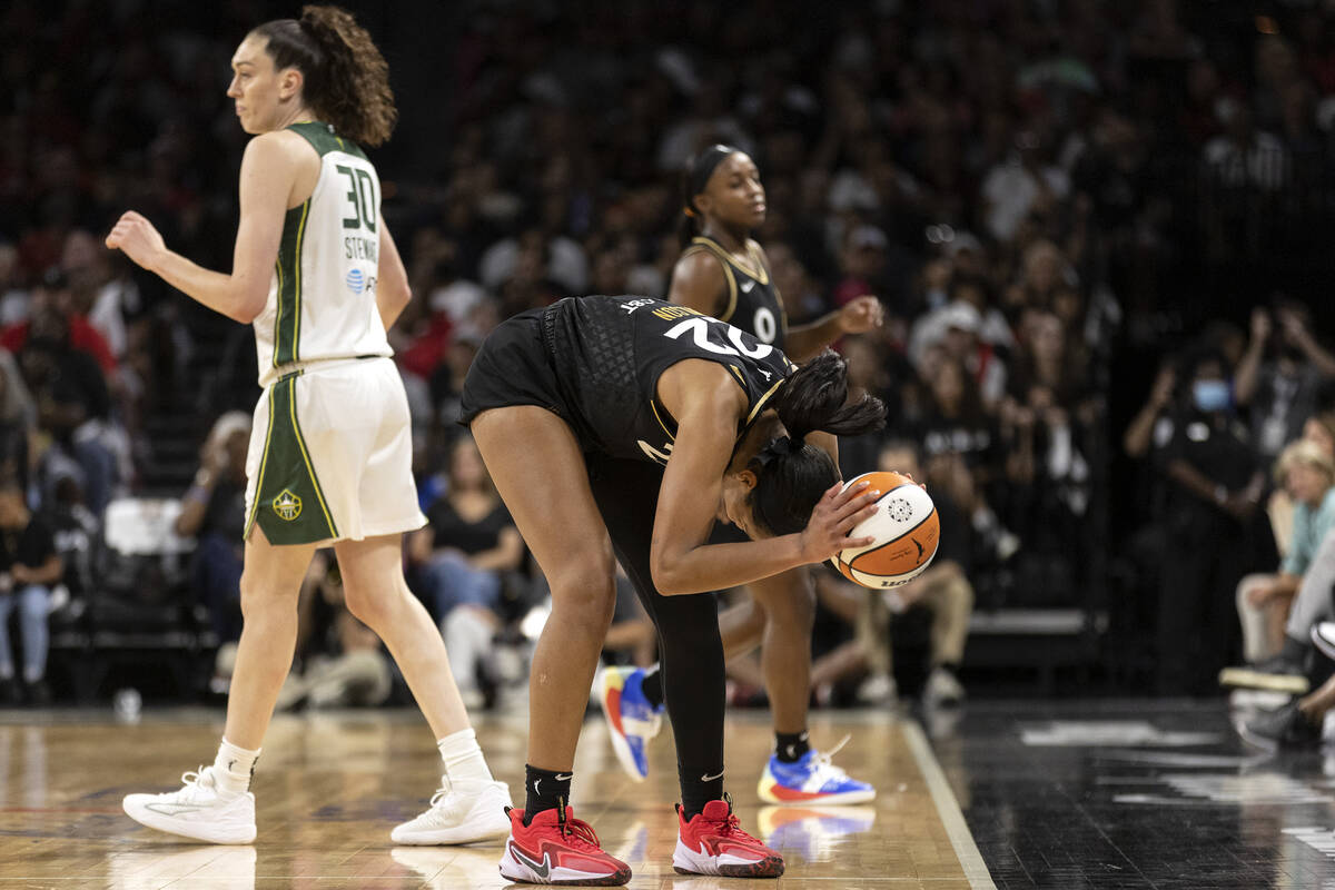 Las Vegas Aces forward A'ja Wilson (22) slams the ball on the court after the ball went out of ...
