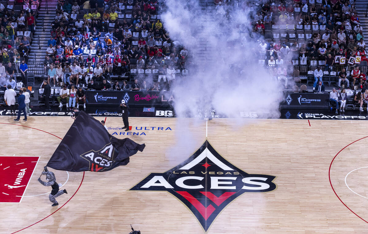 Aces mascot Buckets excites the crowd ready to face the Seattle Storm for the first half of the ...