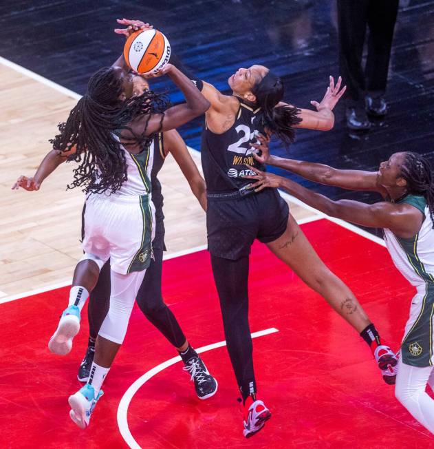 Las Vegas Aces forward A'ja Wilson (22) rejects a shot attempt by Seattle Storm center Ezi Magb ...