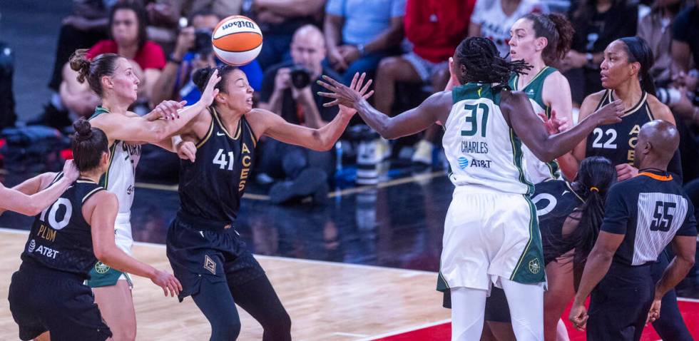 Las Vegas Aces center Kiah Stokes (41) has a ball bounce off her head with Seattle Storm forwar ...