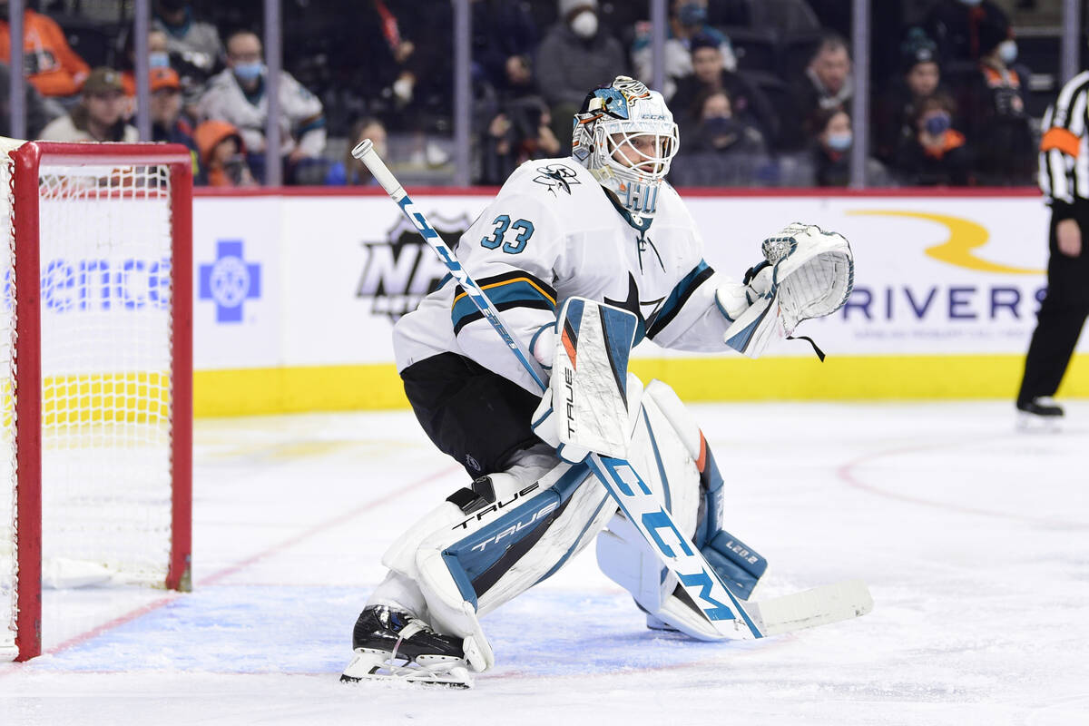 San Jose Sharks goaltender Adin Hill in action during an NHL hockey game against the Philadelph ...