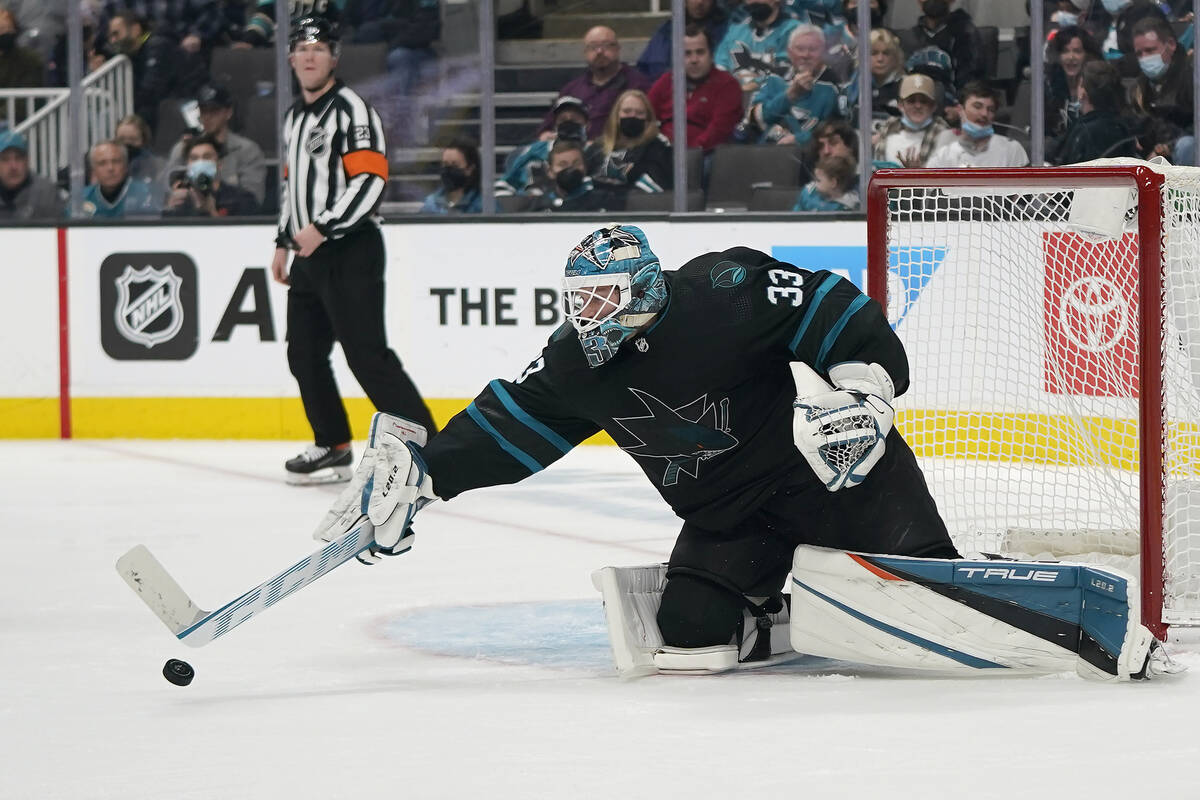 San Jose Sharks goaltender Adin Hill during an NHL hockey game against the New York Rangers in ...