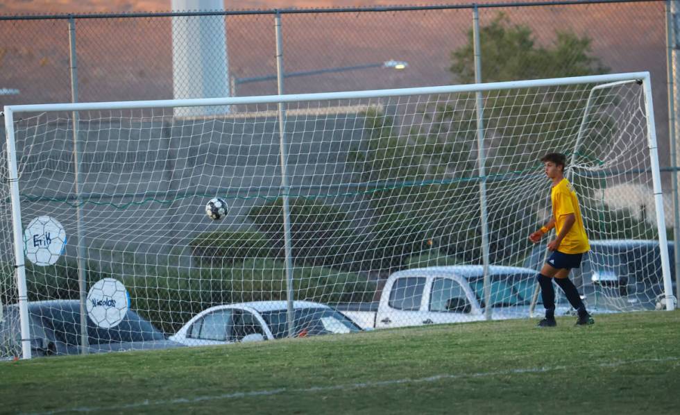 Shadow Ridge’s Paul Jankowski, not pictured, scores a goal against Silverado during a so ...