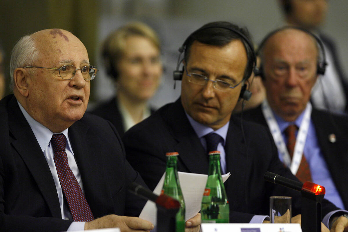 Former Soviet President Mikhail S. Gorbachev, left, seen next to Italian Foreign Minister Franc ...