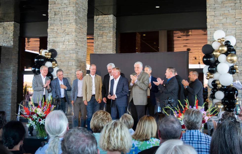 Gov. Steve Sisolak, third from right, celebrates the opening of Legends Bay Casino on Tuesday, ...