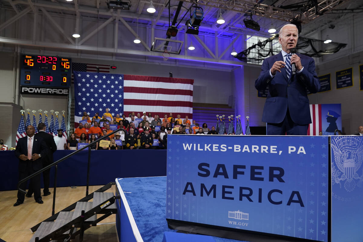 President Joe Biden speaks at the Arnaud C. Marts Center on the campus of Wilkes University, Tu ...