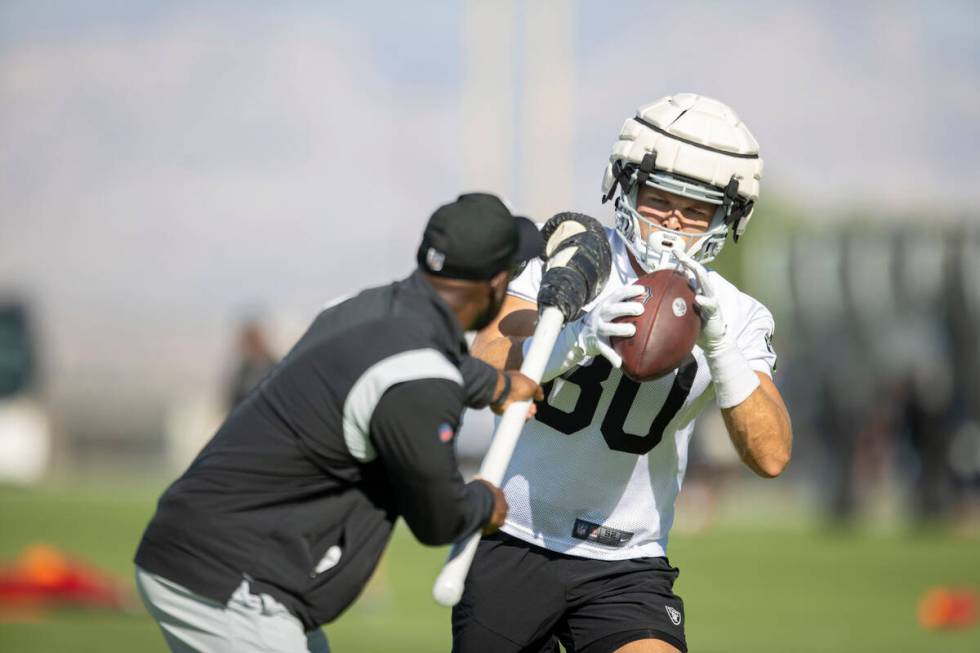 Raiders tight end Jesper Horsted (80) makes a catch during the team’s training camp prac ...