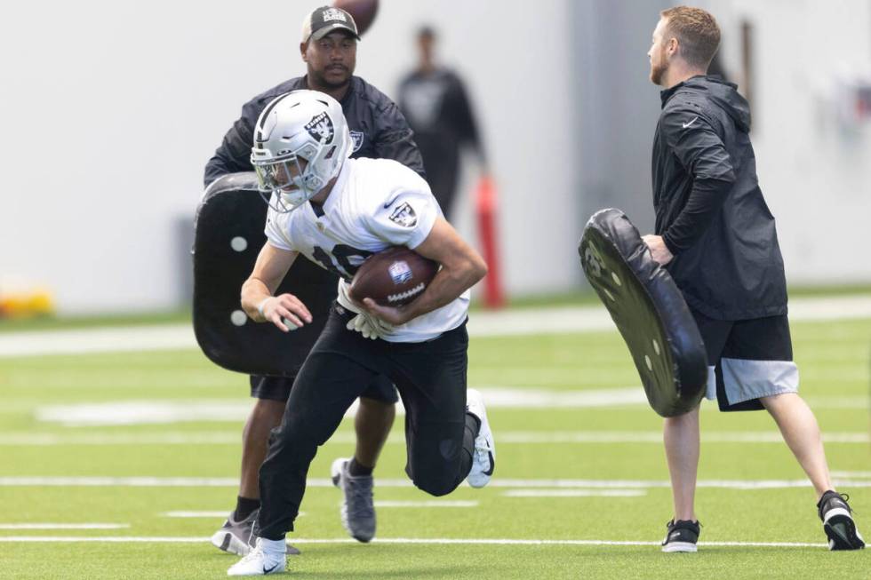 Raiders wide receiver Dillon Stoner (16) runs during practice at the Intermountain Healthcare P ...