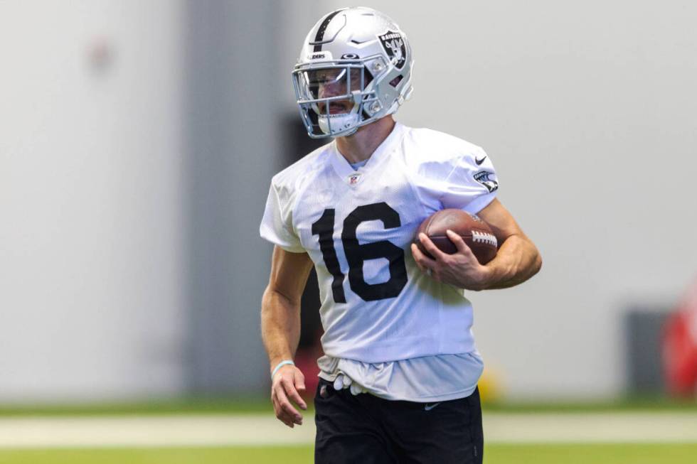 Raiders wide receiver Dillon Stoner (16) runs during practice at the Intermountain Healthcare P ...