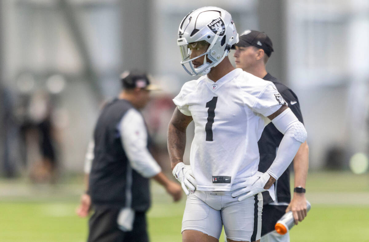 Raiders wide receiver Tyron Johnson (1) waits to drill during practice at the Intermountain Hea ...