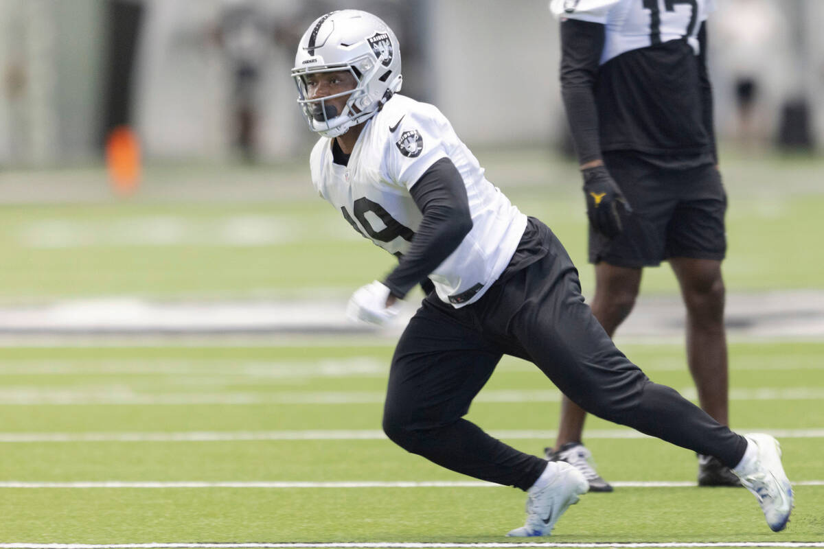 Raiders wide receiver DJ Turner (19) runs during practice at the Intermountain Healthcare Perfo ...