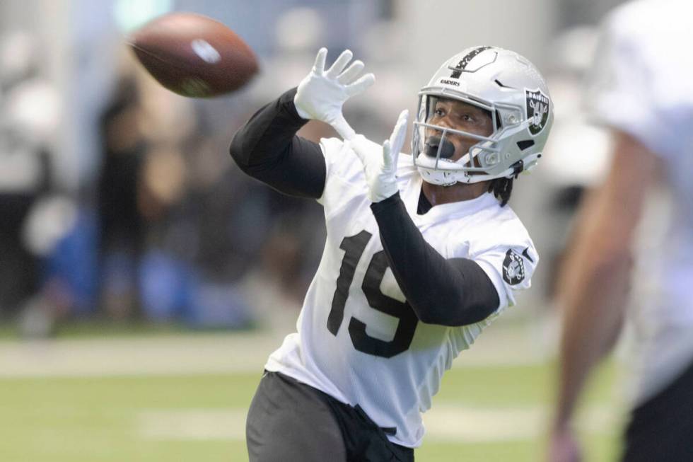 Raiders wide receiver DJ Turner (19) makes a catch during practice at the Intermountain Healthc ...